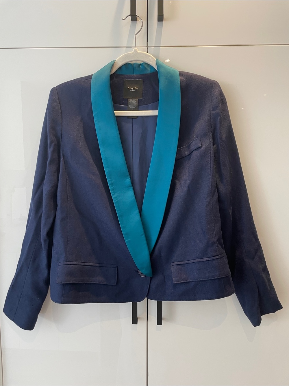 Smythe Cropped Navy Tuxedo Blazer with Teal Shawl Collar
